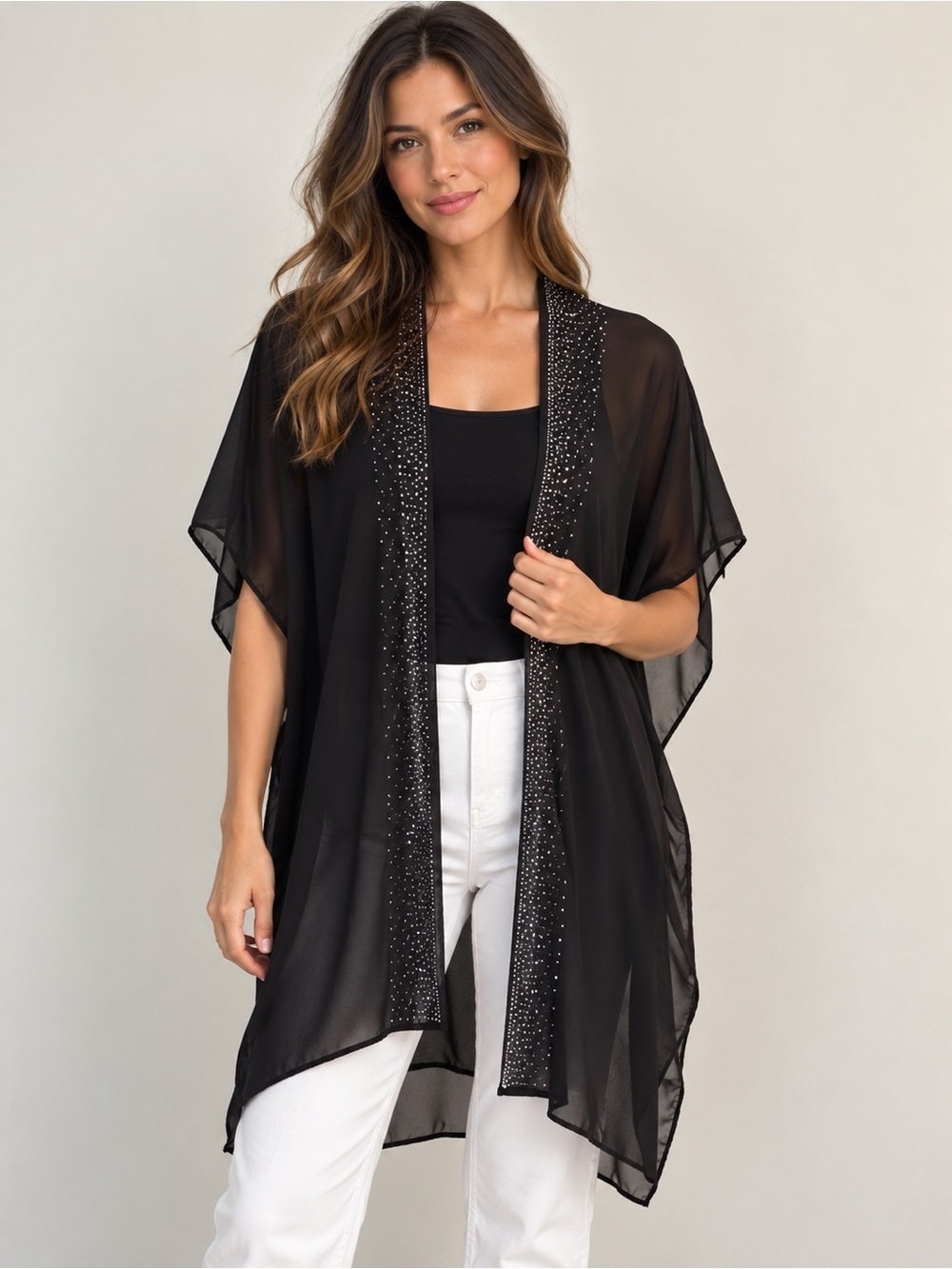 Jessica Black Sheer Kimono Cover-Up with Sparkle Trim